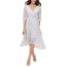 Tommy Hilfiger size 10 sheer grey white fit & flare 3/4 sleeve faux wrap dress