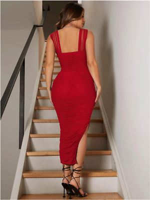 Burgundy SXY Ruched Slit Hem Mesh Bodycon Dress Sz S M L XL | eBay