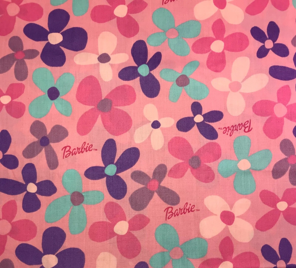 Vintage 2001 Barbie Fabric Pink Blue Purple Flowers & Script 3+ Yards OOP