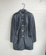 Vintage Excelled Leather Black Military Style Coat Jacket Unisex Shield Button