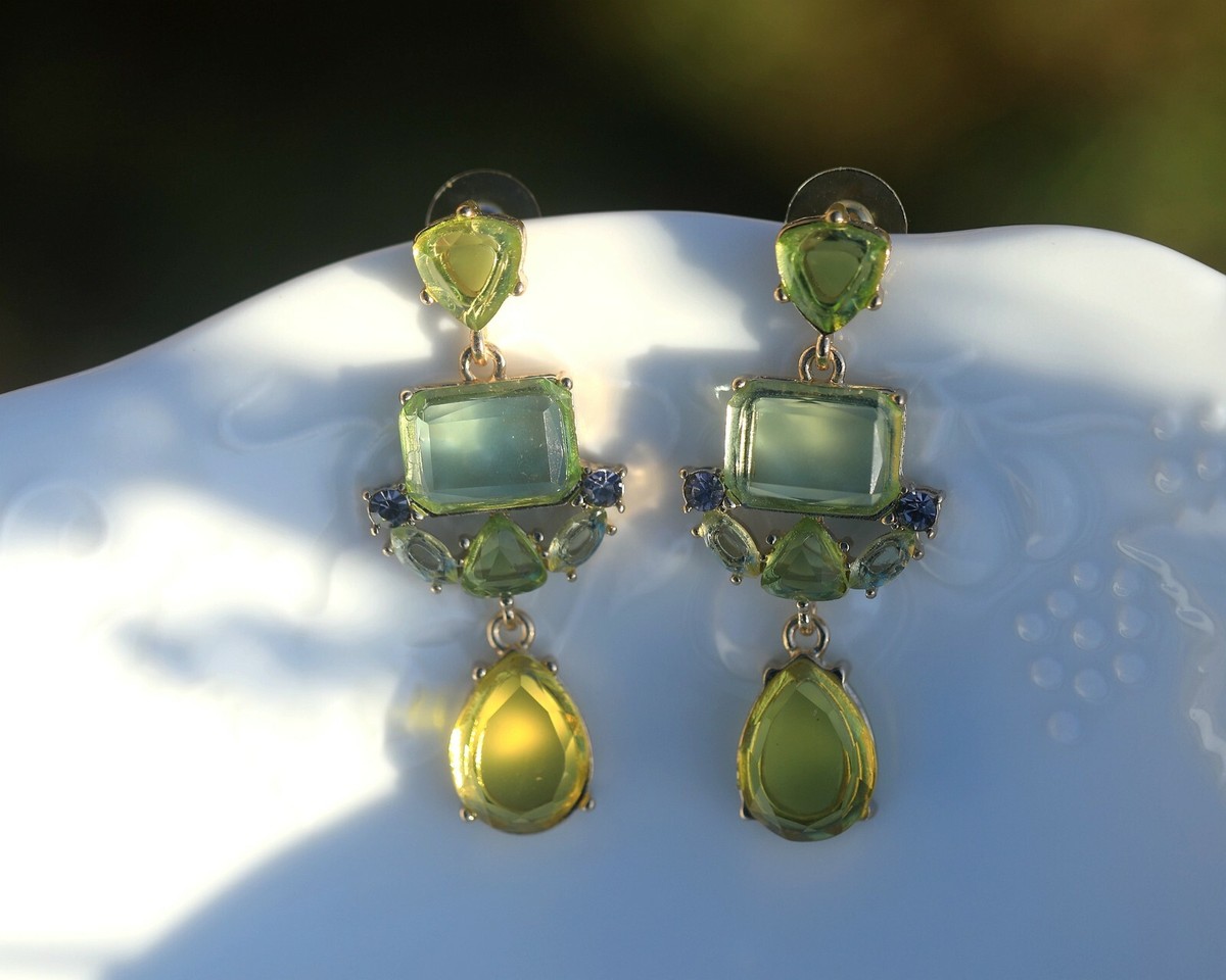 Boucles D'oreilles Longues Style Art Déco Avec CZ Vert - Clous Pendants Argenté, Neuves