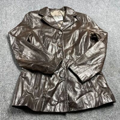 Pera Pelle Women's Brown Jacket Leather Button Closure Long Sleeve Size Small