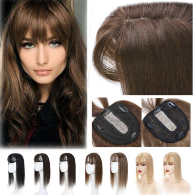Women 100% Remy Human Hair Topper Toupee Wig Clip In Silk Base Hairpiece Bang 8A