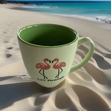 Flamingo Coffee Mug Green w Pink Raised Design Both Sides Colorful Happy M Ware
