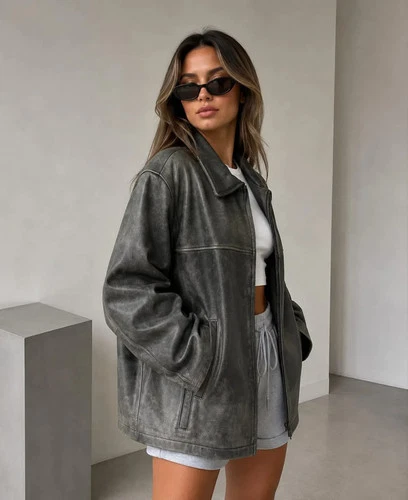 Genuine Sheep Leather Jacket Women, Oversized Distressed Grey Leather image 4