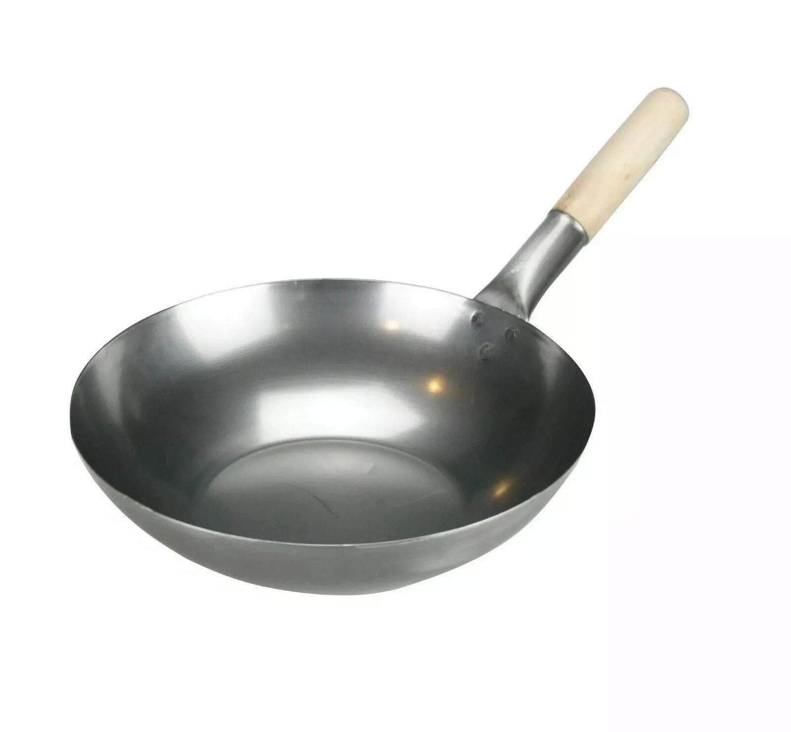 Carbon Steel Wok Chinese Cooking Wooden Handle Stir Fry Pan Catering Flat Base