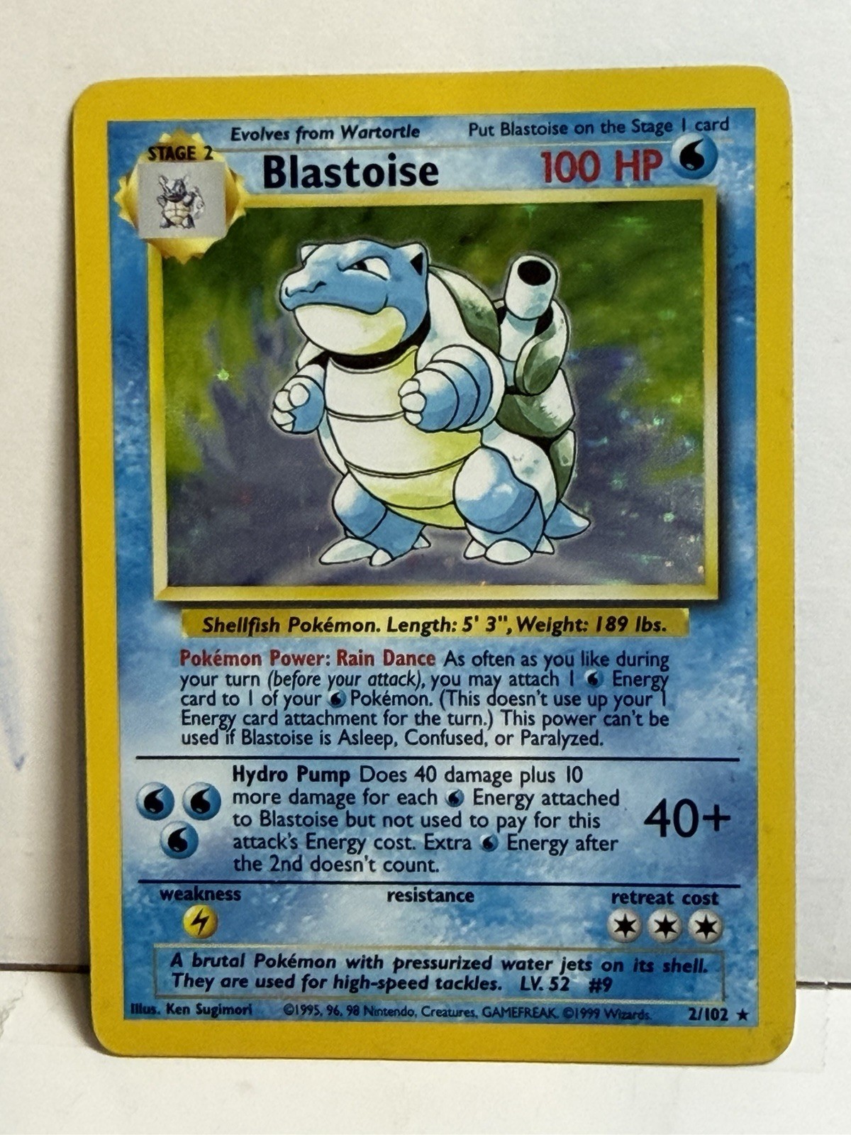 Rare Foil Holo Blastoise 2/102 Holographic Pokemon Card Light Play W Rev Crease