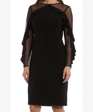 R & M Richards Mesh Ruffle Long Sleeve Little Black Dress Size 14