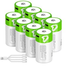 D Batteries Rechargeable 8 Pack with4 in 1 USBC Charging Cable D Size Cell Li...