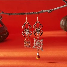 Spider Web Dangle Halloween EARRINGS Hooks Bling Gold Jewelry Surgical NEW