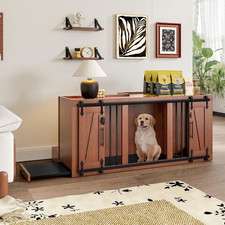 56" L, Furniture Style 2 in 1 Dog Crate with Padded Seat, Sliding Barn Door, Lux