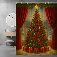 Christmas Shower Curtain with Poinsettia Design and Holiday Theme