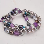 Vintage Bohemian Freshwater Pearl & Amethyst Bead Stretch Bracelet Set 3pc 7in