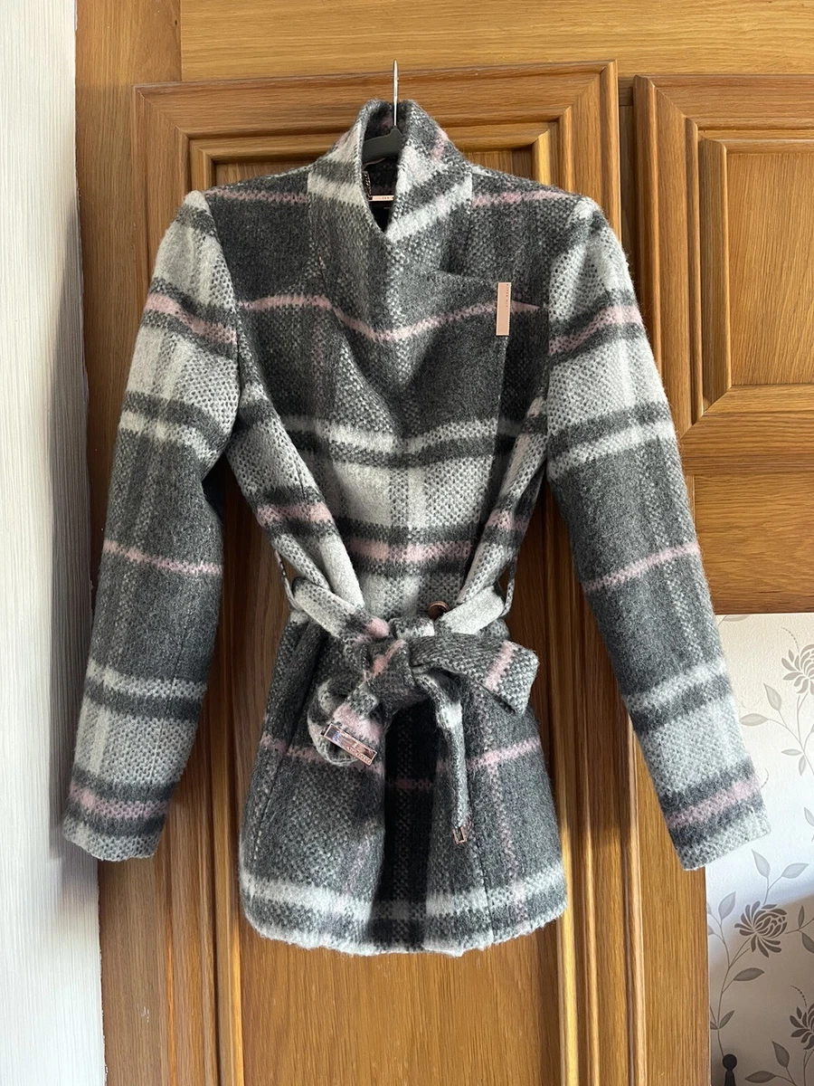 Ted Baker Short Wrap Coat Size 1 Winter Autumn Coat Size 10 Check Grey