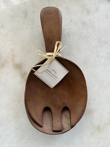 Pottery Barn Wooden Paddle Salad Servers Set 2 Short Large Curved Spoon Fork