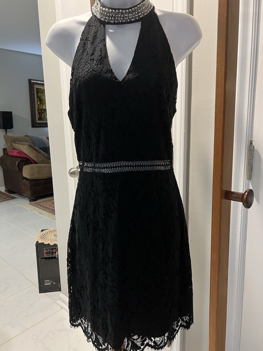 Francescas Black Sleeveless Dress Pearl Collar Lace Skirt Size Medium