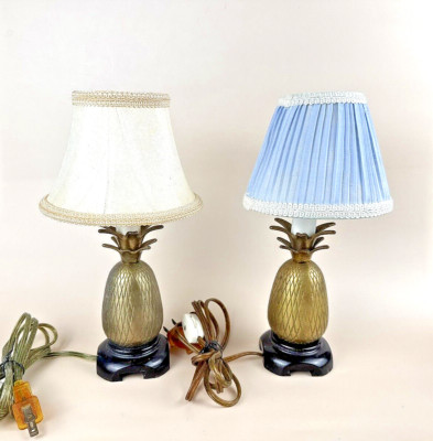 Pair of Mini Brass Pineapple Lamp Andrea by Sadek Wood Base 8  with shades