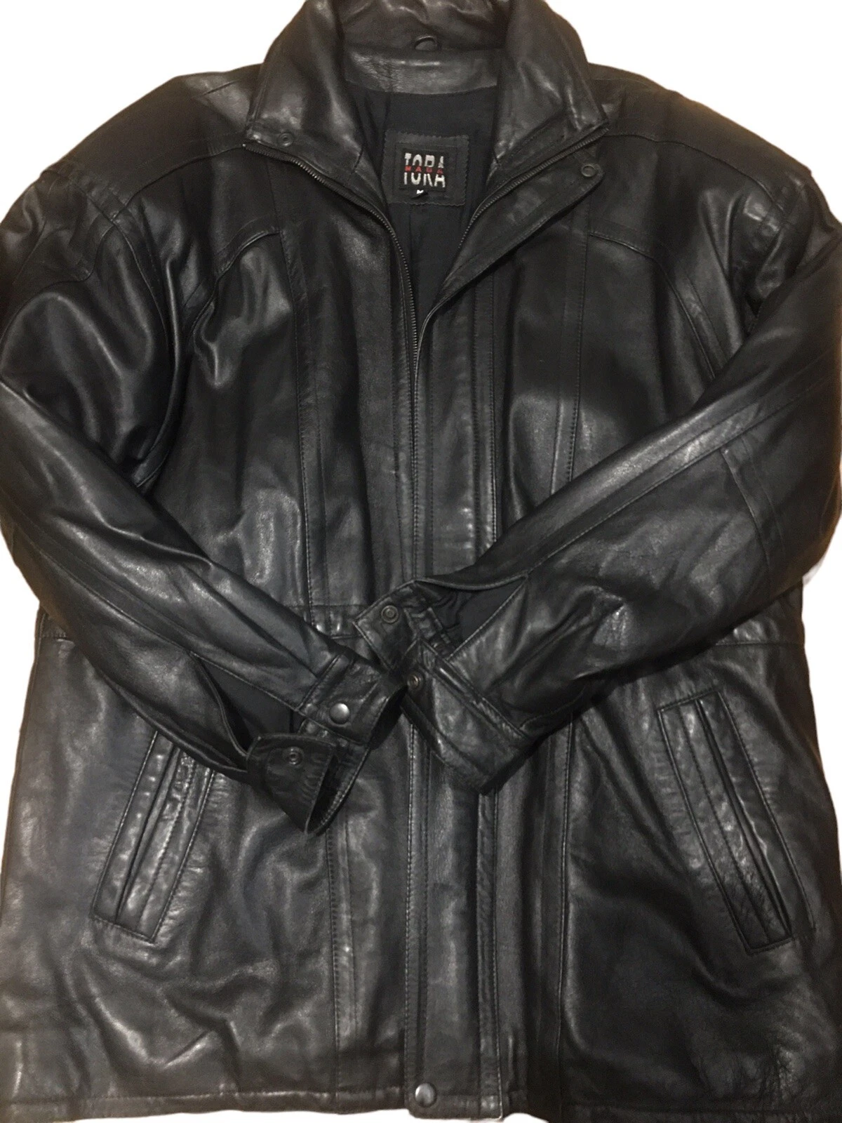 naga tora mens Black Business dress leather coat Mid Length 44” Vintage Medium image 1