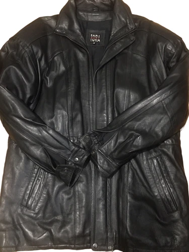naga tora mens Black Business dress leather coat Mid Length 44” Vintage Medium video thumbnail