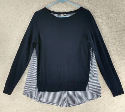 Halogen Wool Blend Hi Low Sweater shirt Combo Sz L Knit Blue Striped  Popover