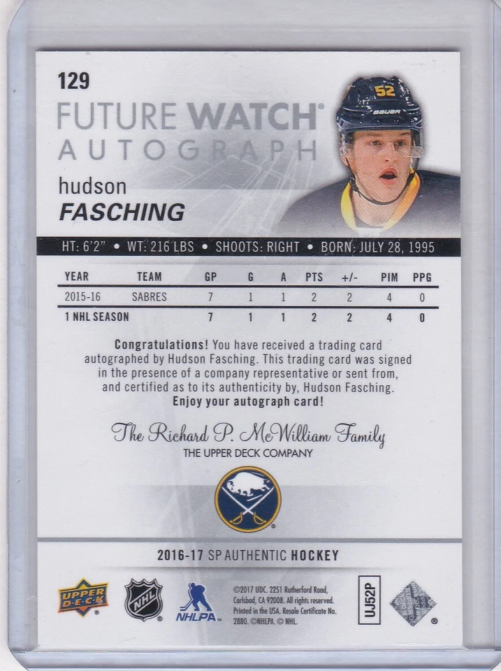 HUDSON FASCHING 2016-17 Upper Deck SP Authentic Autograph Rookie | #129 426/999 - Image 2 of 2