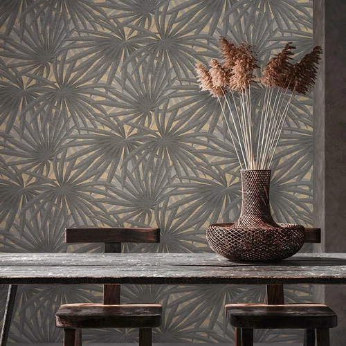 AS Creation Tropical Jungle Leaves Wallpaper Metallic Vinyl Grey Gold 37861-1