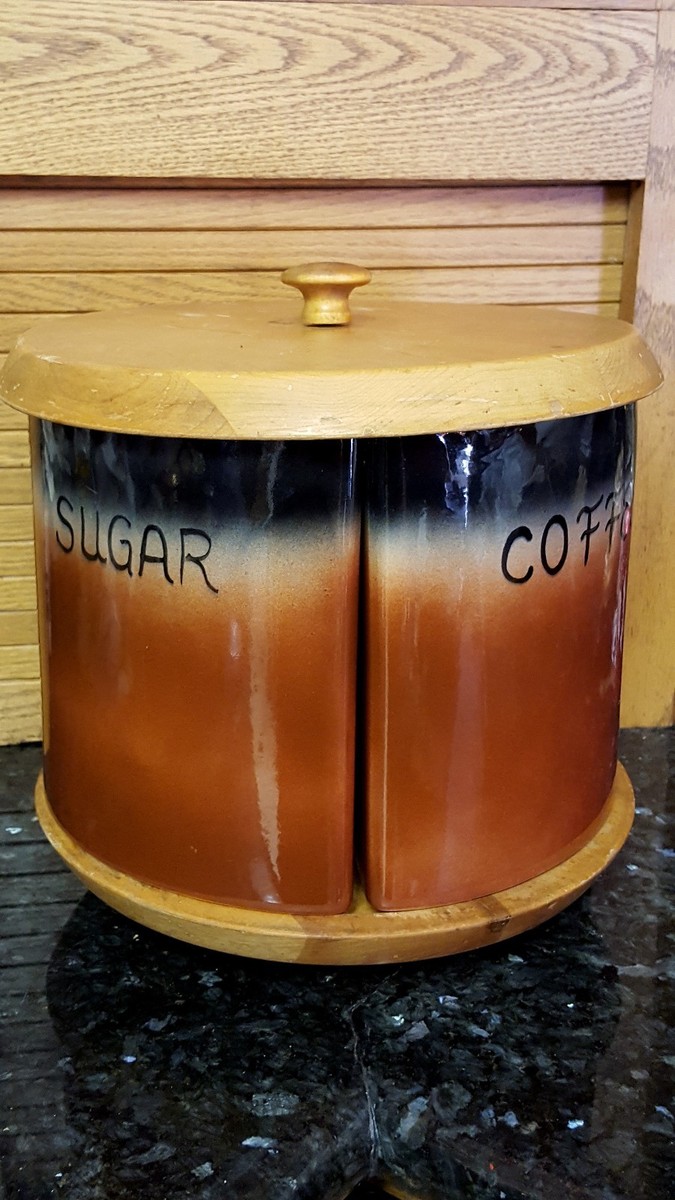 RARE Old 1930-1950's Revolving Wood Lazy Susan & Lid 6 Piece