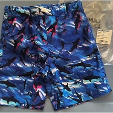 Lands' End Swim Trunks Cool Sharks Print Elastic Waist Kids Size S 6-7 