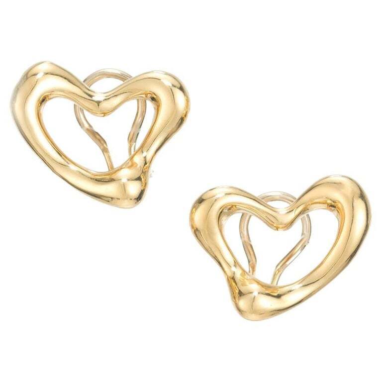 Vintage Estate Tiffany Peretti 18k Yellow Gold Open Heart Clip Post Earrings
