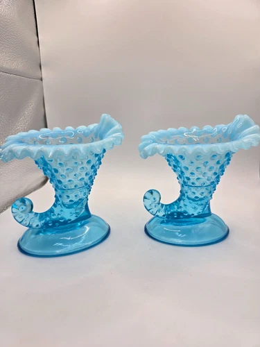 VTG Fenton Blue Opalescent Hobnail Cornucopia Vase/Candle Holder 5 7/8" Set of 2