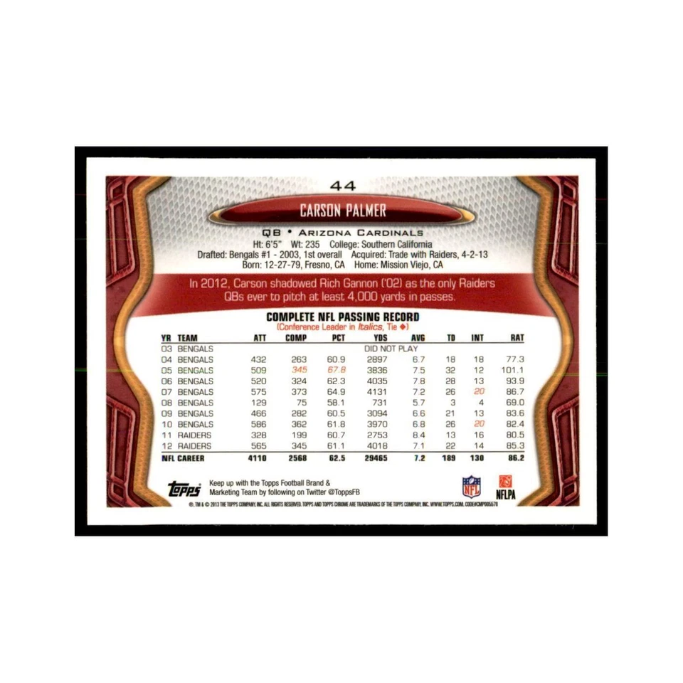 2013 Topps Chrome Carson Palmer Football Cards #44 - Image 2 of 3