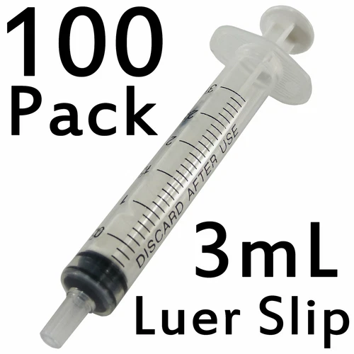 100 Pack 3mL Luer Slip Syringes without Needle, Disposable, Sterile