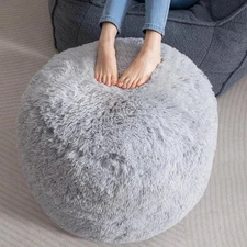 Round Stuffed Pouf Ottoman, Long Faux Fur Poufs with Foam Chunk Filling, Fluf...
