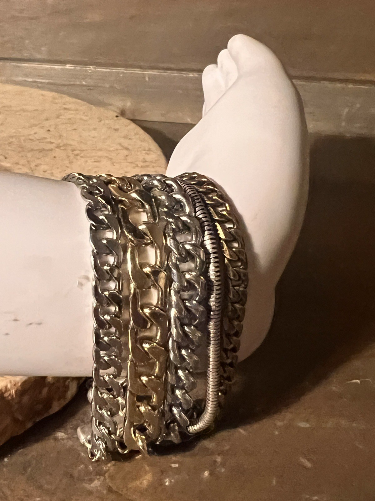 Vintage Jenny Bird 5 Chain Bracelet Chrome Silver Designer Signed 5.5-7.5”