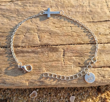 925 Sterling Silver Sideways Cross Bracelet - Dainty Chain Jewellery Free Gift B