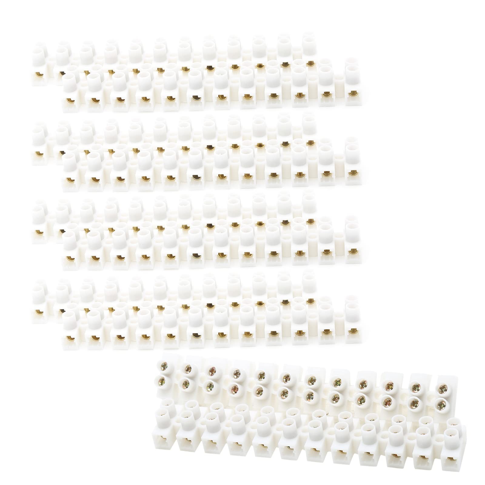 10 PCS White 12-Position Terminal Strip, 10A 380V, Dual Row, Screw Barrier