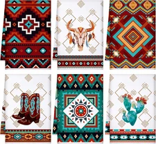Set of 6 Southwestern Kitchen Towels Boho Aztec Theme Large, Western 