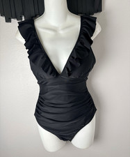 Women  s Black One Piece Swimsuit Size S Ruffle Plunge V-Neck Backless Lace-Up