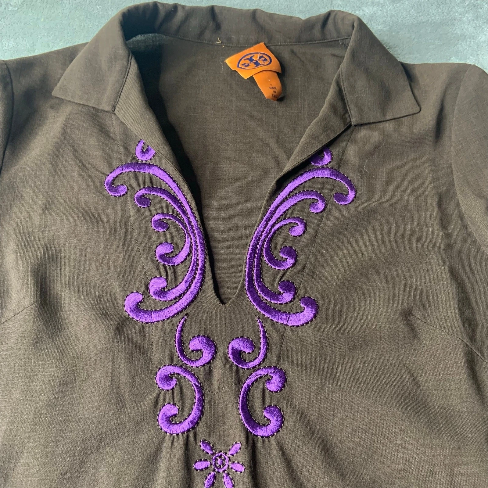 Tunica donna Tory Burch 100% lana marrone viola ricamata taglia 2