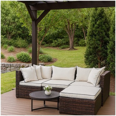 HTI Living 6-teilige Gartenlounge Grau/Beige - Outdoor Sofaset Mit Sonnendach & Glas-Tisch | Polyrattan