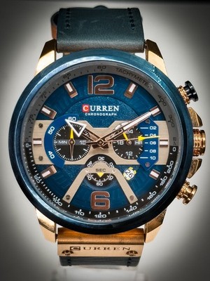 Curren 8329 Men s Chronograph Watch Blue Dial Leather Strap - Quartz