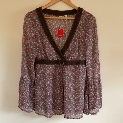 Esprit Y2K Whimsigoth Babydoll Tunic Top 10 Pink Micro Floral Fairy Semi Sheer