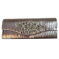 Raj Embellished Ruched Pewter Metallic Clutch Evening Bag Silver Chain Strap