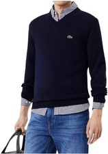 Lacoste V-Neck Cotton Long Sleeve Men Sweater Navy Blue