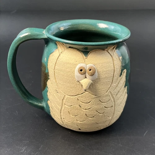 Vtg 3D Barn Owl Bird Art Pottery Green Coffee Mug Signed Glazed Stoneware Cute