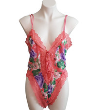 Vtg 1980s Victoria  s Secret Gold Label Floral Teddy   Coral Pink   Size S
