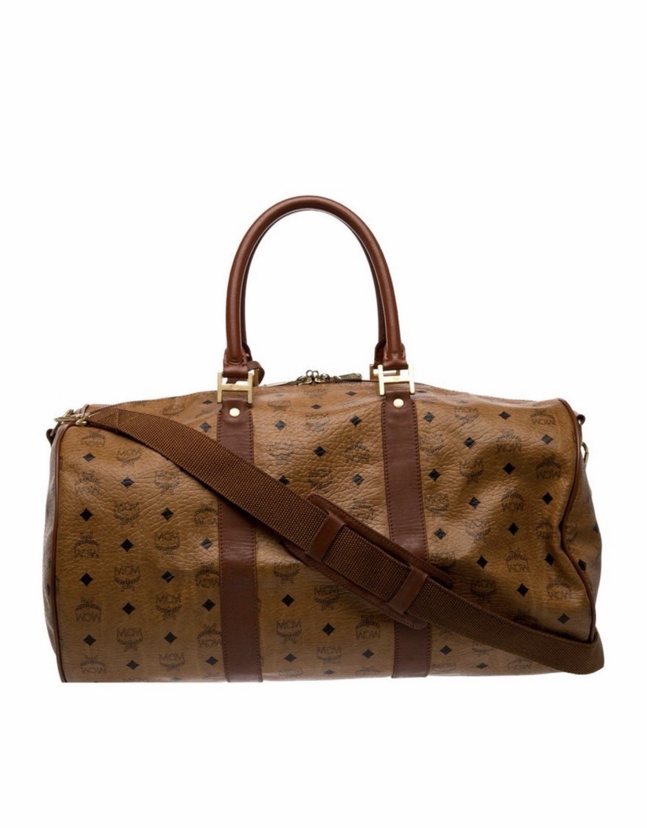 MCM Brown Leather Logo Print Duffle Bag Adjustable Strap Carry On