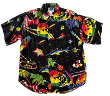 Vintage Planet Hollywood All Over Print Black Hawaiian Shirt Space Size Medium