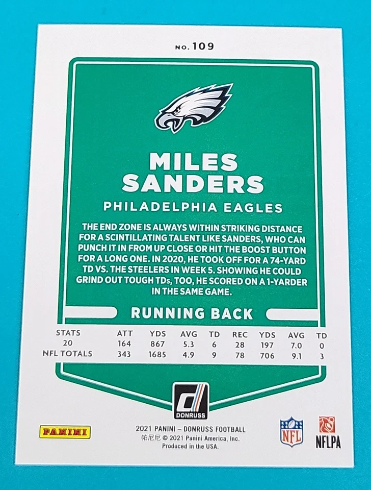 2021 Donruss #109 Miles Sanders Philadelphia Eagles FOOTBALL Card N6 - Image 2 of 2