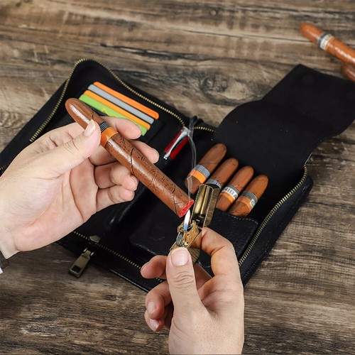 Genuine Leather Cigar Case Holder Travel Humidor Lighter Cutter Set Pocket Box## - Picture 4 of 7